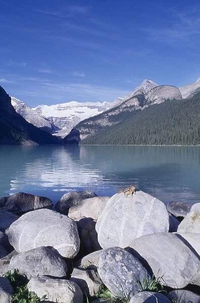 10014995. CANADA Alberta Lake Louise View over boulders