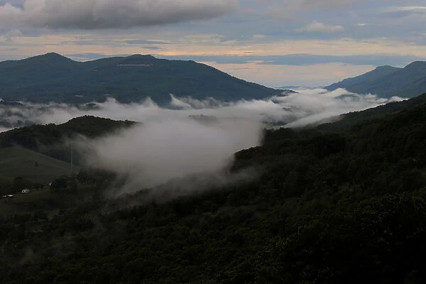 Mist hangs between mountains in Big Stone Gap, Virginia