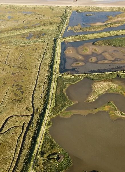 Aerial view of saltmarsh and lagoons at Titchwell RSPB Reserve North Norfolk autumn