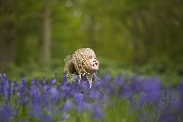 Child playing among Bluebells Norfolk May