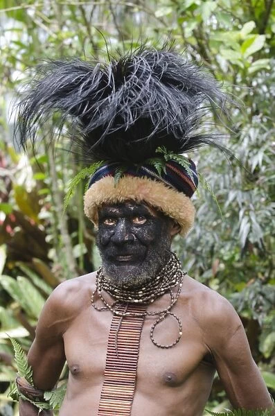 Clan chief at Paiya in Western Highlands with Cassowary head dress Papua New Guinea