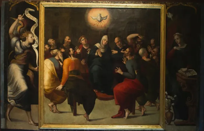 Framed Print : A depiction of the Pentecostal Annunciation with the Holy Spirit shown as a Dove