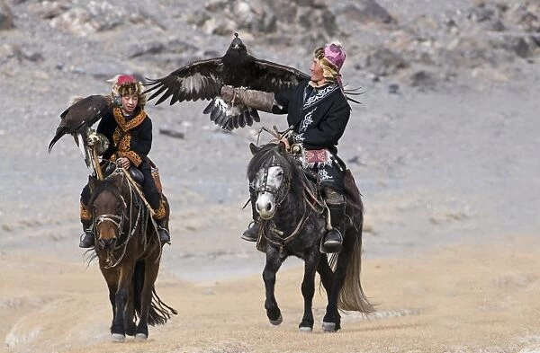 Eagle hunters on route to the Eagle Hunters festival near Ulgii in western Mongolia October
