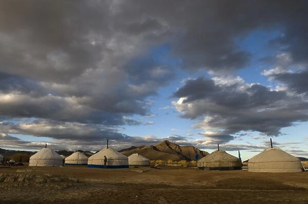 Ger camp out on Mongolian steppe near Ulgii Western Mongolia