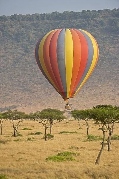 Hot air balloon carrying tourists over Masai Mara Kenya at dawn