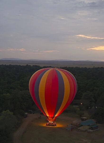Hot air balloon taking off at dawn in Masai Mara Kenya