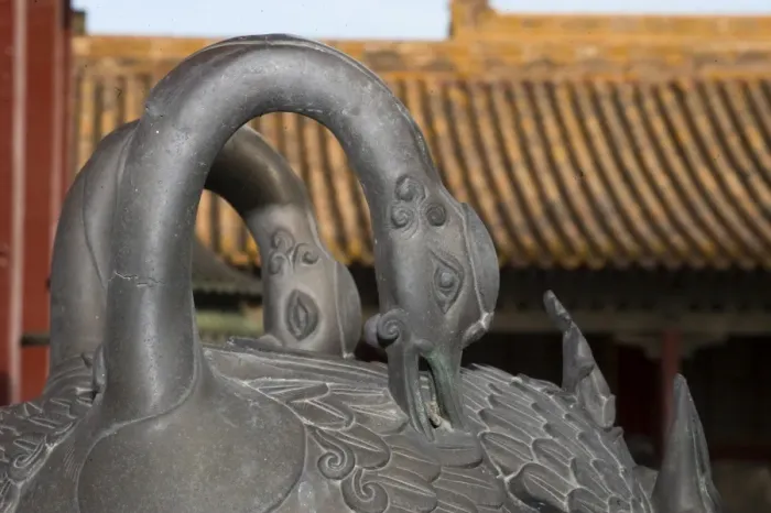 Framed Print : Incense burner comprised of three bronze cranes within Forbidden City Beijing China