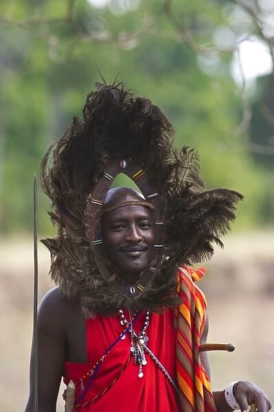 Kitkung Nampaso a Masai Warrior wearing Ostrich feather head dress as worn during
