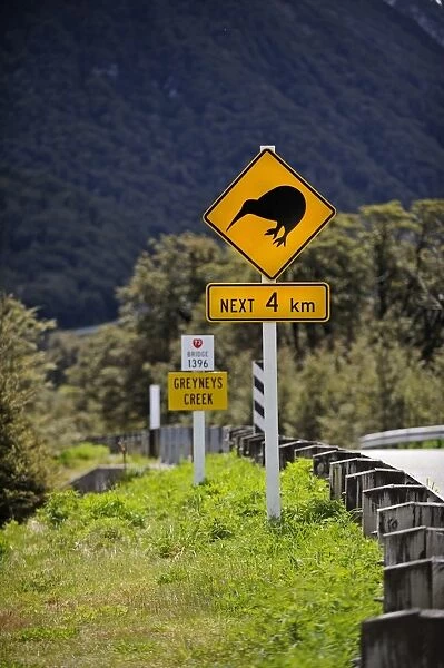 Kiwi caution sign on road to Arthurs Pass in Southern Alps South Island New Zealand