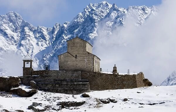 Monastery in village near Kazbegi in Great Caucasus Mountains Georgia