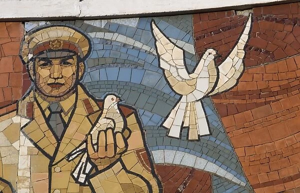 Mural above Ulan Bator Mongolia depicting the Russian Yuri Gagarin first astronaut in space