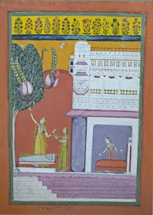 Framed Print : An opaque watercolour painted in Amber Rajasthan India around 1680 shows a lady feeding Framed Print : An opaque watercolour painted in Amber Rajasthan India around 1680 shows a lady feeding
