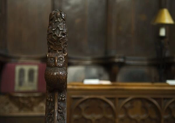 Owl carving on victorian pew end Gloucester Cathedral