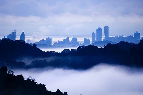Panama City viewed at dawn across the rainforest of Soberania NP Panama