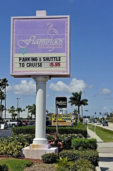 Sign to Flamingos Restaurant and hotel at Cape Canaveral Florida