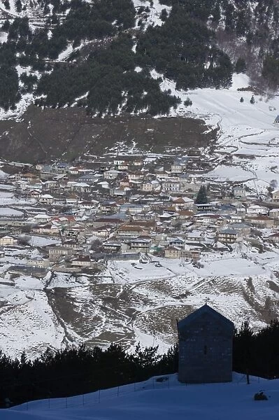 Village of Kazbegi within the Great Caucasus Mountains Georgia April