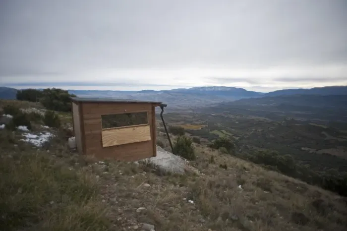 Framed Print : Vulture photography hide with one way glass near Tremp Catalonian Pyrenees Spain Framed Print : Vulture photography hide with one way glass near Tremp Catalonian Pyrenees Spain