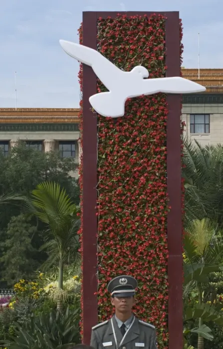 Framed Print : White Doves used in flower display as part of 2008 Beijing Olympics in Tianeman Square