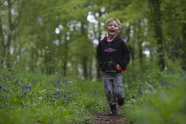 Young boy running through Bluebell Wood Norfolk May
