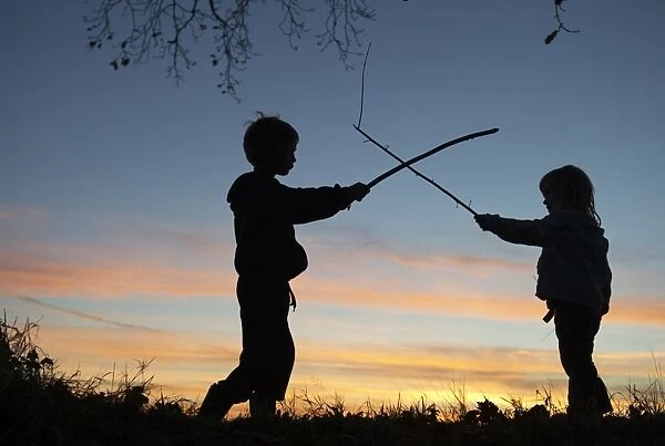 Young children playing having a stick fight on edge of woodland at sunset Norfolk