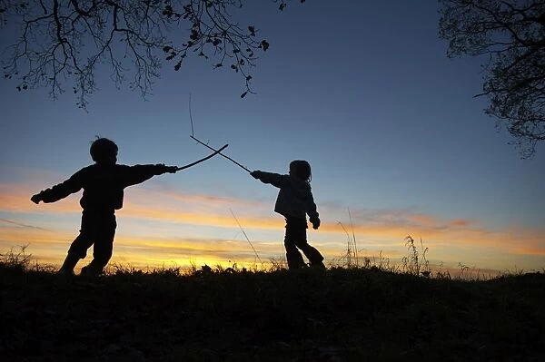 Young children playing having a stick fight on edge of woodland at sunset Norfolk
