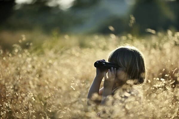 Young girl bird watching in meadow on a summer evening in Norfolk