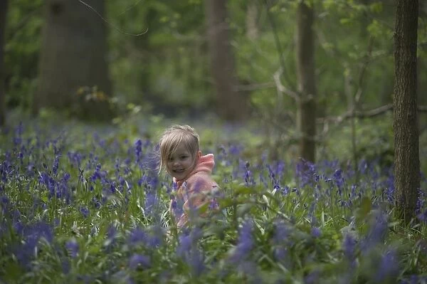 Young girl in Bluebell Wood North Norfolk May UK