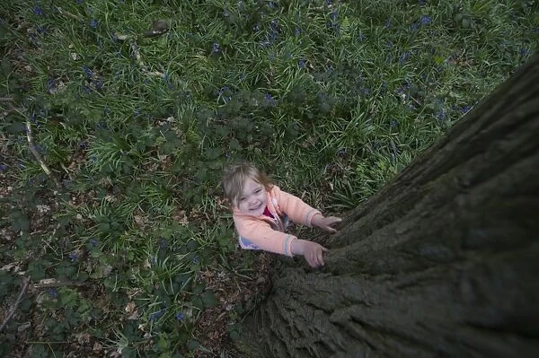 Young girl playing in Bluebell Wood Norfolk May
