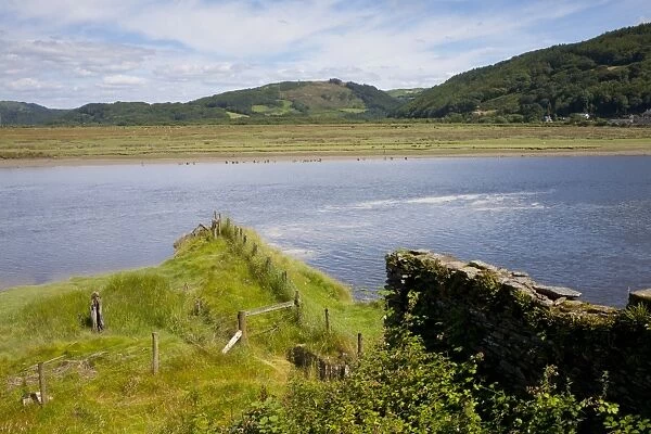 View from birdwatching hide across river habitat, River Dyfi, Ynys-hir RSPB Reserve, Ceredigion, Wales, August