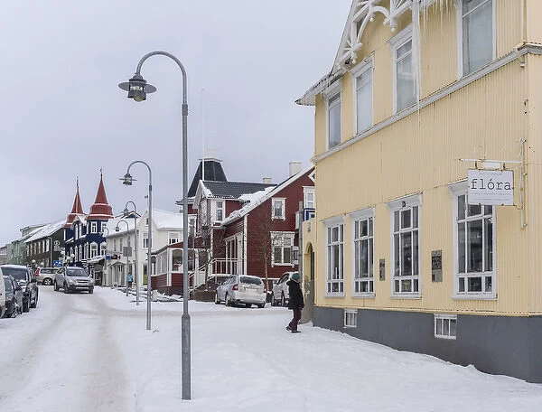 Akureyri during winter. Town center with typical historic buildings