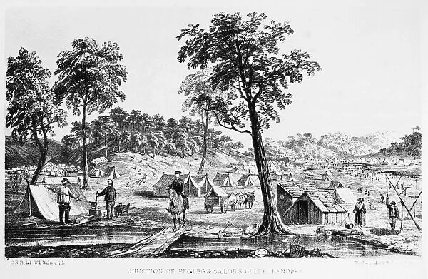 AUSTRALIA: GOLD RUSH, 1853. Prospectors washing gold at the Junction of Pegleg & Sailors Gully