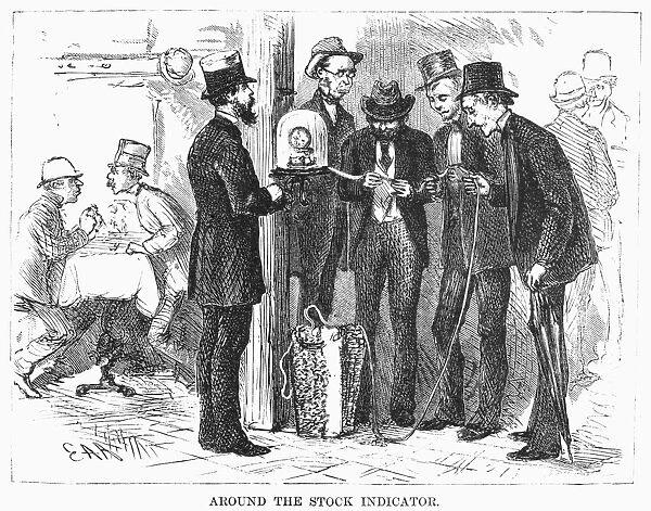 BANK PANIC, 1873. Investors gathering around a ticker tape machine on Wall Street during the panic of 1873. Wood engraving from an American newspaper of October 1873