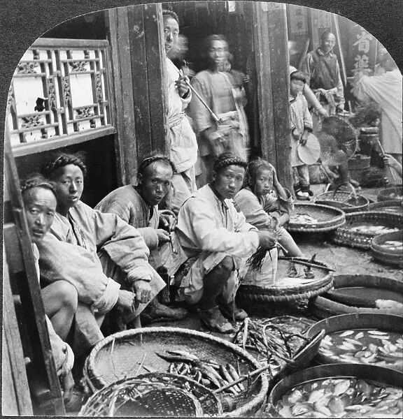 CHINA: FISH MARKET, c1928. A Chinese fish market in Huai An, China. Stereograph, c1928