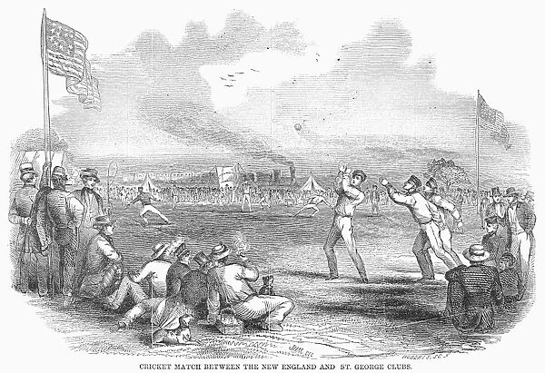 CRICKET MATCH, 1851. Cricket match between the New England and St. George clubs. Wood engraving, American, 1851