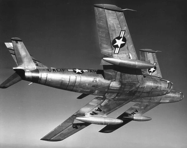 F-86 JET FIGHTER PLANE. Korean War era North American F-86 Sabre combat aircraft in flight