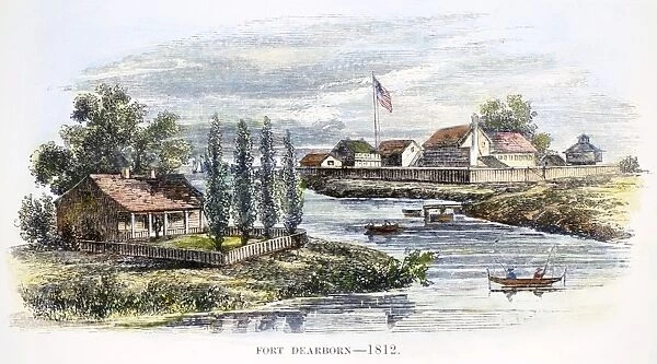 FORT DEARBORN, 1812. On the site of Chicago, Illinois, as it looked in 1812. Wood engraving, American, 19th century