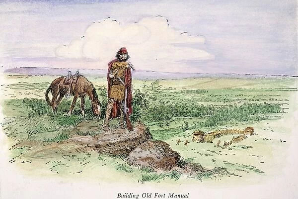FORT MANUEL, MONTANA. Manuel Lisa, a fur trader in Montana territory, at the site of Fort Manuel, constructed in 1807: line engraving, American, 19th century