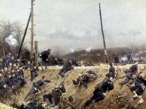 FRANCO-PRUSSIAN WAR, 1870. Alphonse de Neuville: Battle on a Railway Line. Oil on canvas