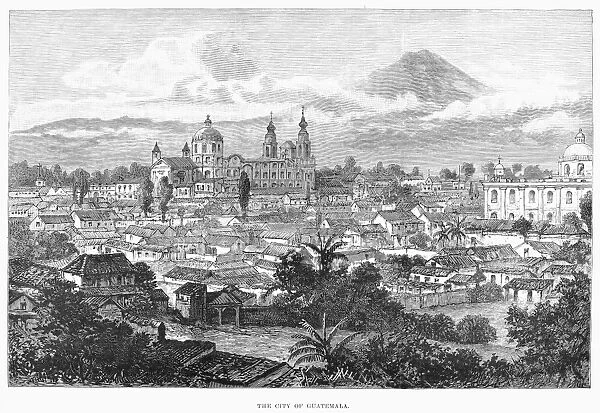 GUATEMALA CITY, 1890. The capital of Guatemala in the central valley dominated by the Agua Volcano. Wood engraving, English, 1890