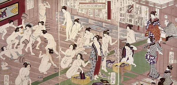JAPAN: BATHHOUSE, c1865. Women of all ages in a Japanese public bathhouse. Woodblock print