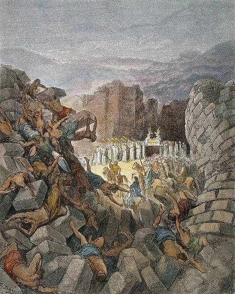 JERICHO. The Walls of Jericho Falling Down (Joshua 6: 20). Color engraving after Gustave Dor