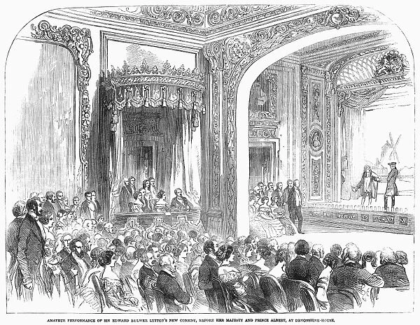 LONDON: PRIVATE THEATER. Amateur performance of Sir Edward Bulwer Lyttons new comedy, before her majesty and Prince Albert, at Devonshire House, London, England. Wood engraving, 1851