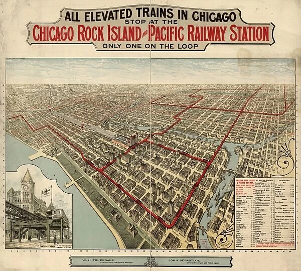 A map showing the elevated train lines of the Chicago, Rock Island and Pacific Railroad in Chicago, Illinois. Map published by Poole Bros. c1897