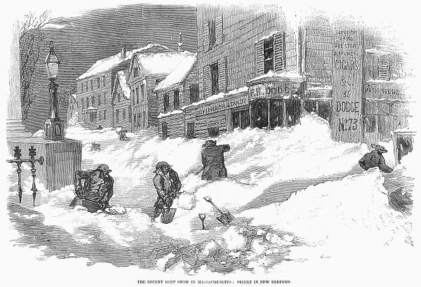 MASSACHUSETTS: BLIZZARD. The Recent Deep Snow in Massachusetts: Street Scene in New Bedford. Wood engraving, American, 1857