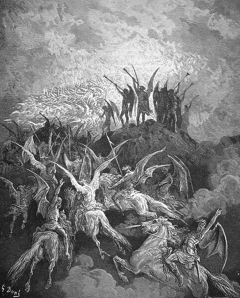 MILTON: PARADISE LOST. The rebel angels summoned to the conclave in Satans Golden Palace, Pandaemonium (Book I, lines 757-9). Wood engraving after Gustave Dor
