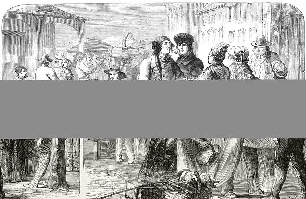 MONTREAL MARKET, 1859.  /  n Montreal Market: Habitans Purchasing Cloth. Wood engraving