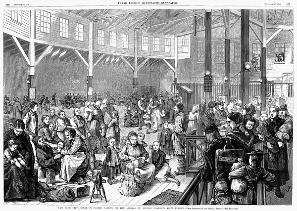 MORMON IMMIGRANTS, 1878. Mormon immigrants from Europe being processed at Castle Garden, New York. Wood engraving, American, 1878
