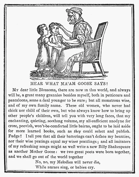 MOTHER GOOSE, 1833. Hear what Ma am Goose says! Wood engraving from the Munroe & Francis Boston edition of Mother Goose nursery rhymes, 1833