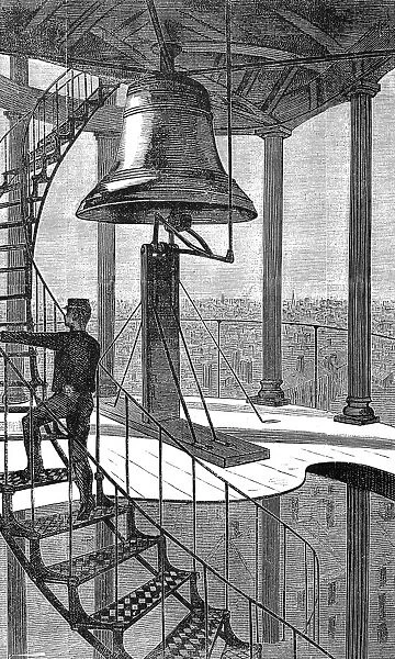 NEW YORK CITY: BELL TOWER. The bell in the watchtower at the corner of Spring and Varick Streets, New York City. Wood engraving, 1874, after Winslow Homer