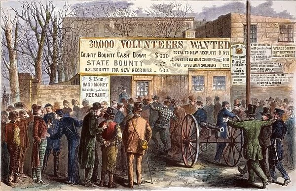 NY: RECRUITING STATION. A Union Army recruiting station in City Hall Park, New York City: engraving, 1864